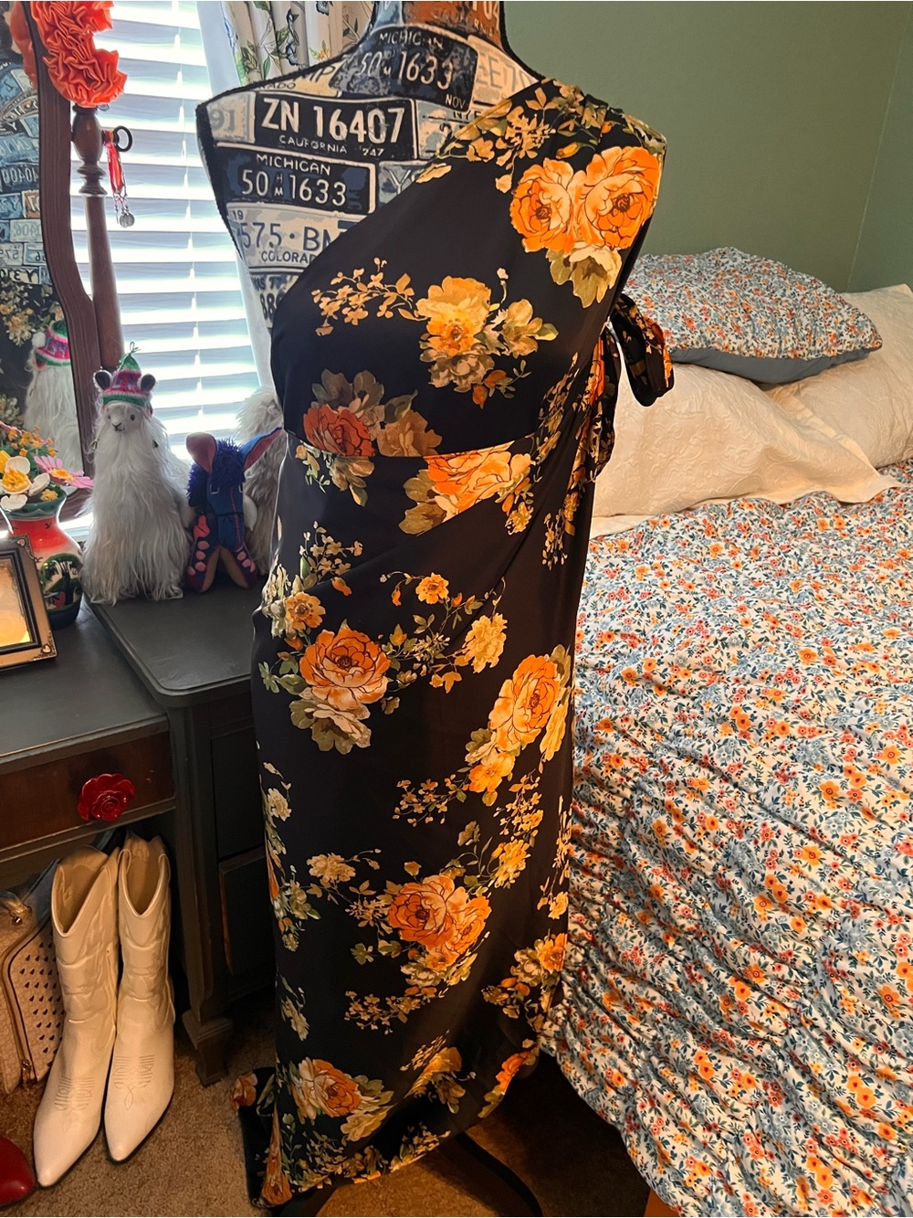 Vici Black One-Shoulder Maxi Dress with orange Floral Print